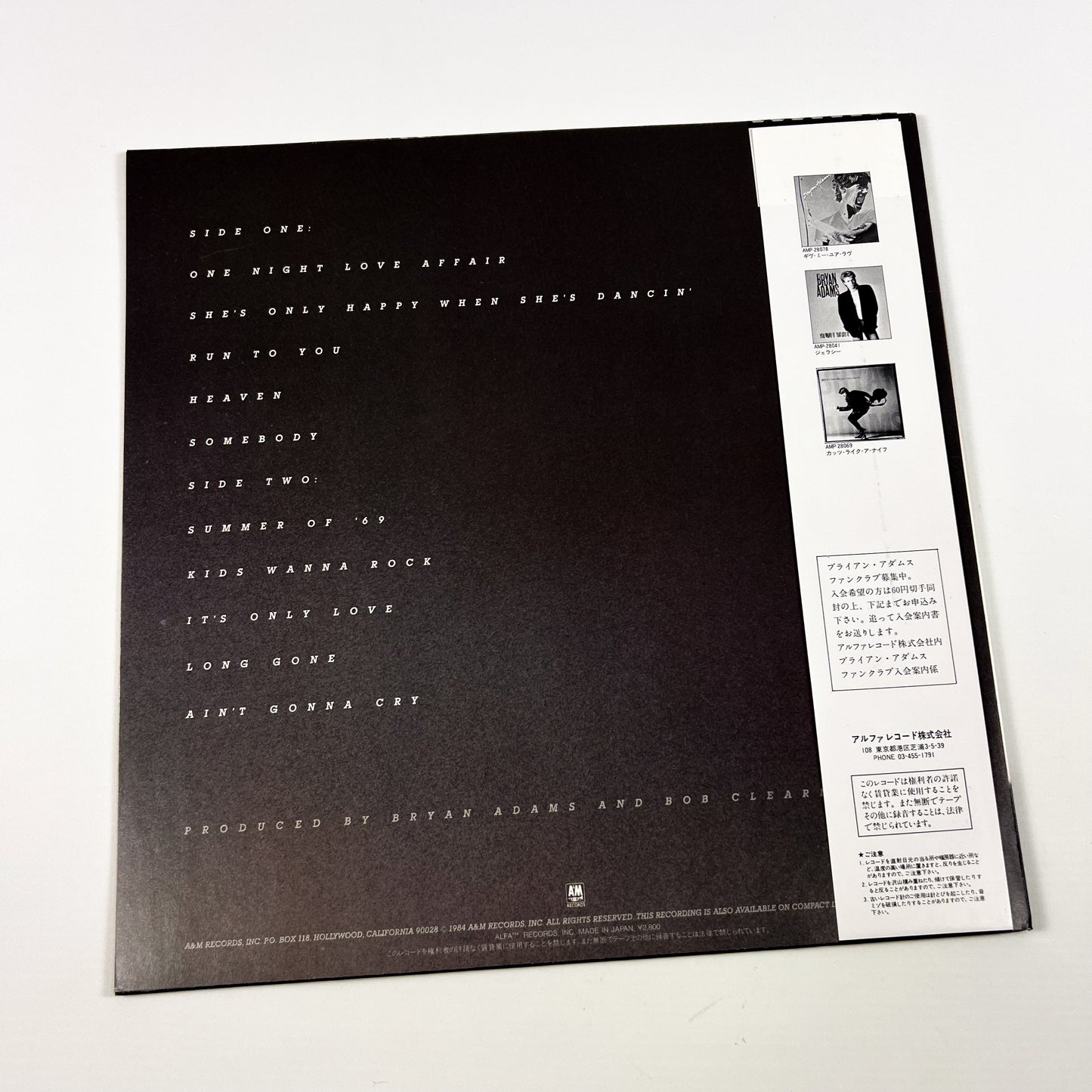 BRYAN ADAMS – Reckless – 1st Japanese Edition – A&amp;M / Alfa Records AMP-28100 1984