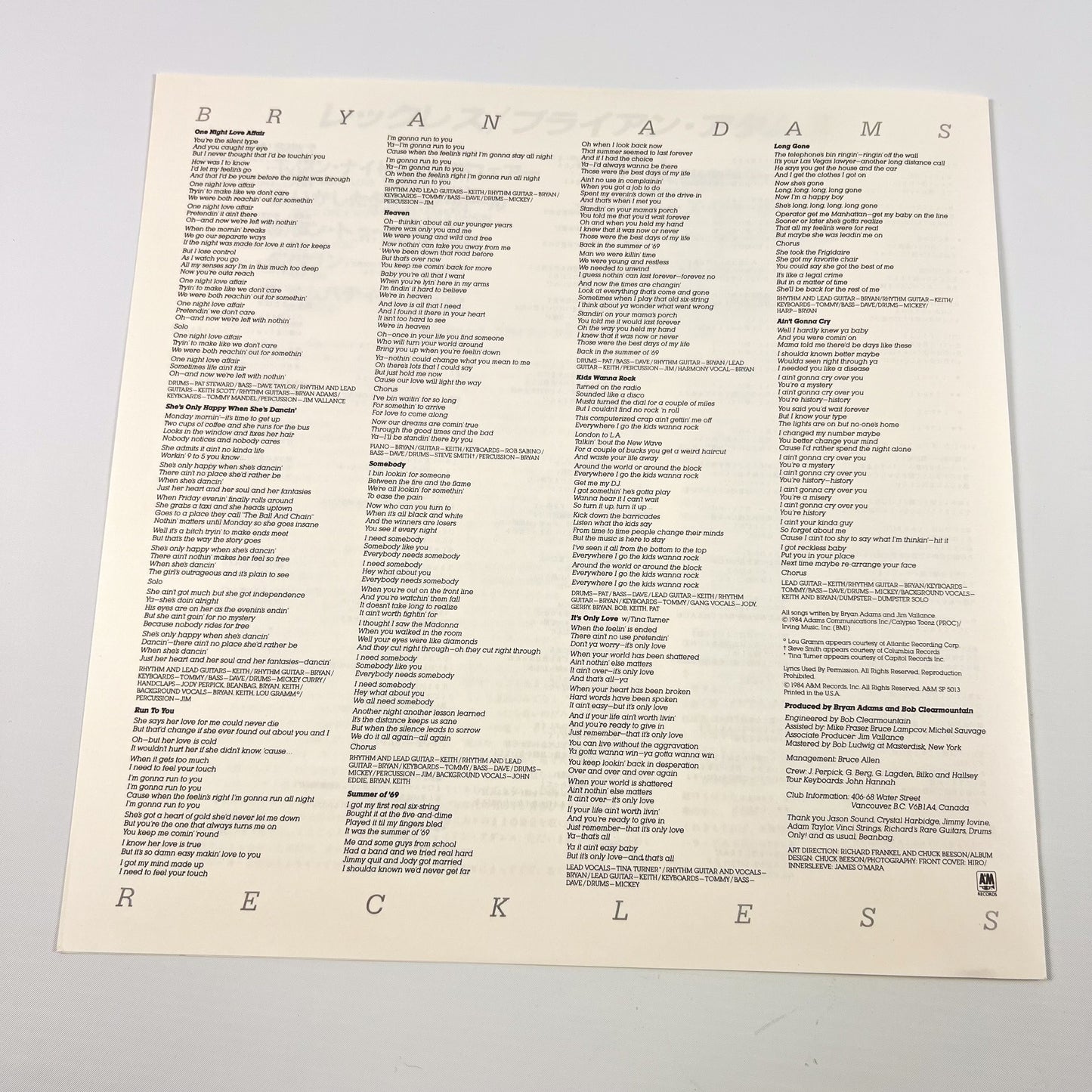 BRYAN ADAMS – Reckless – 1st Japanese Edition – A&amp;M / Alfa Records AMP-28100 1984
