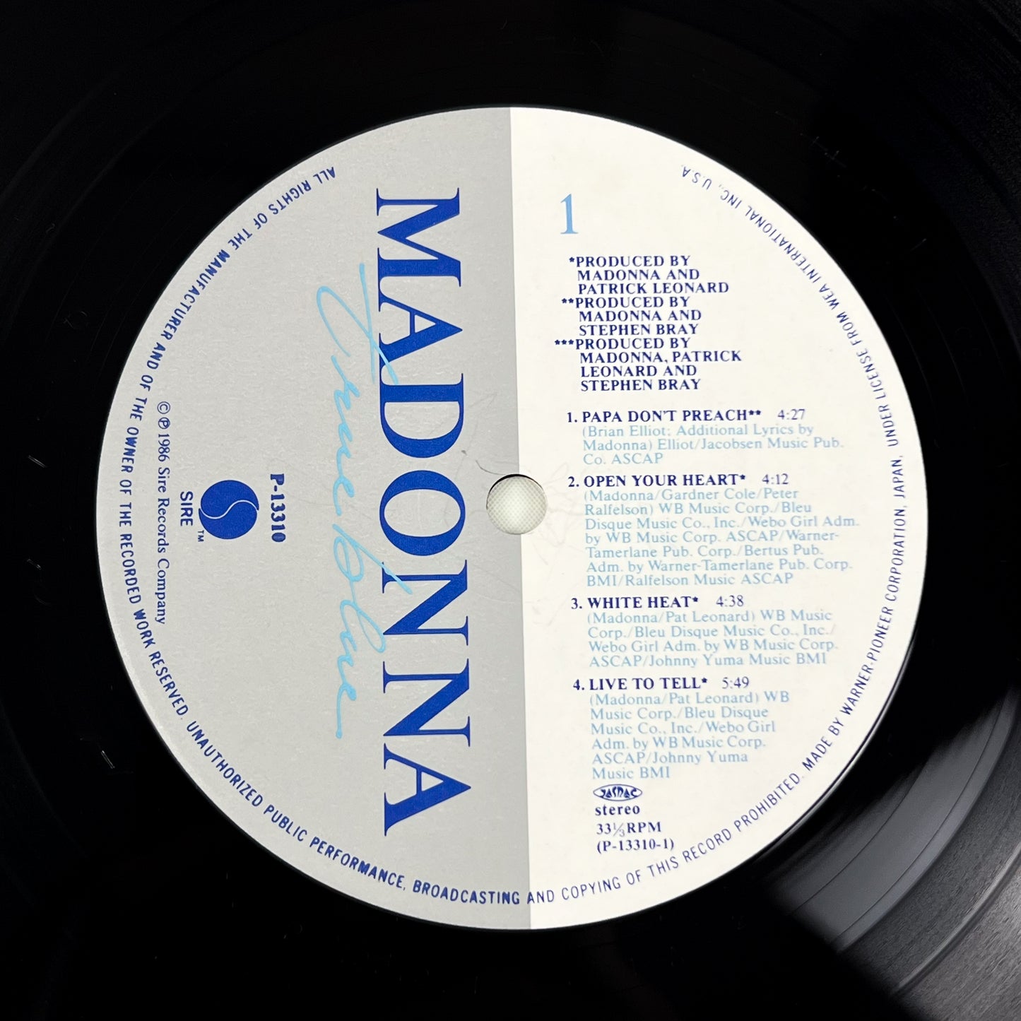 MADONNA – True Blue 1ª Edizione Giapponese - Warner/Pioneer P-13310 1986 - POSTER