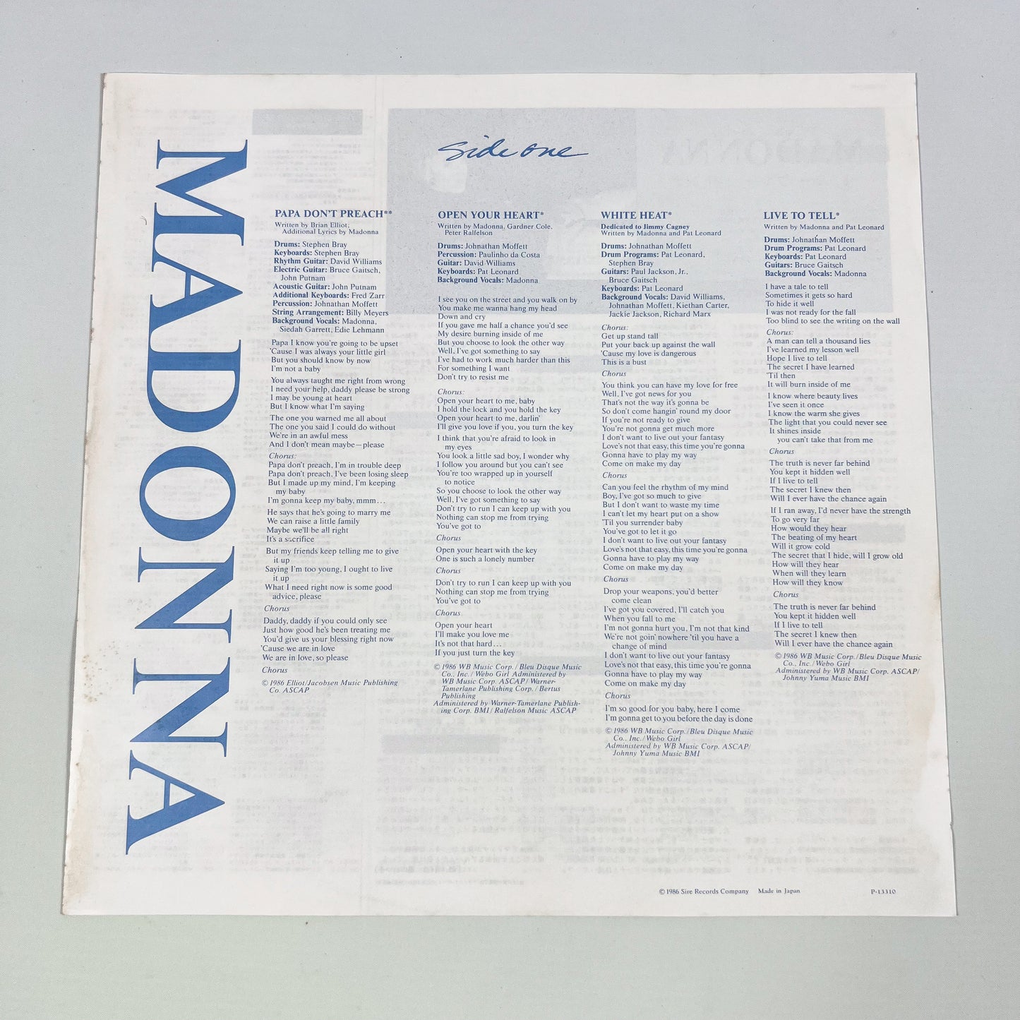 MADONNA – True Blue 1ª Edizione Giapponese - Warner/Pioneer P-13310 1986 - POSTER
