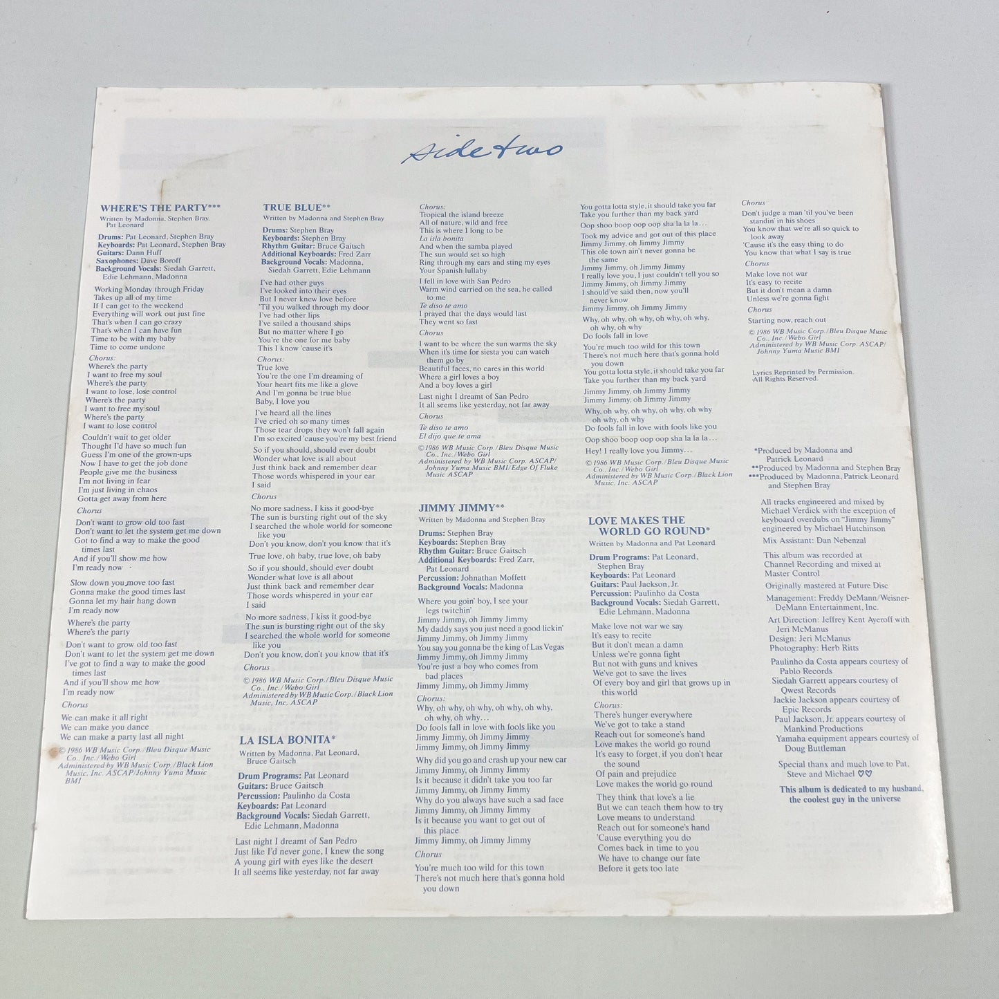 MADONNA – True Blue 1ª Edizione Giapponese - Warner/Pioneer P-13310 1986 - POSTER